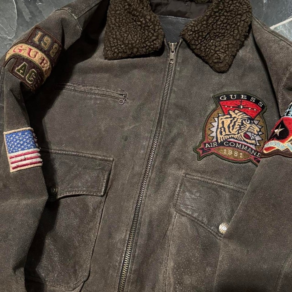 TRUE VINTAGE 80s Guess Leather A-2 Type Airforce Inspired Bomber Jacket - Medium - Picture 2 of 8